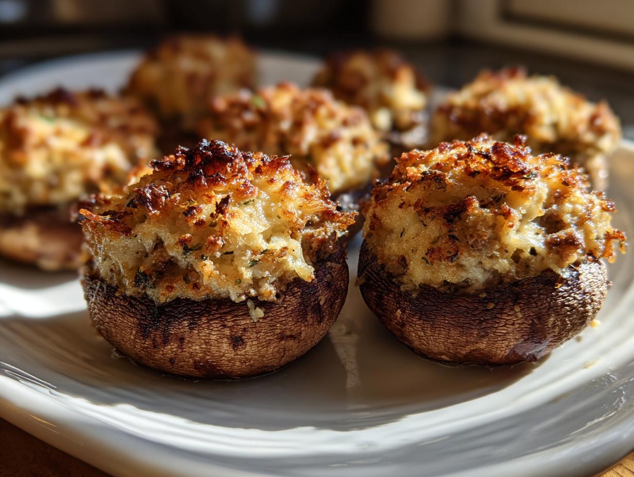 Close-up of two golden-brown sausage stuffed mushrooms with crispy tops, resting on a white serving dish.