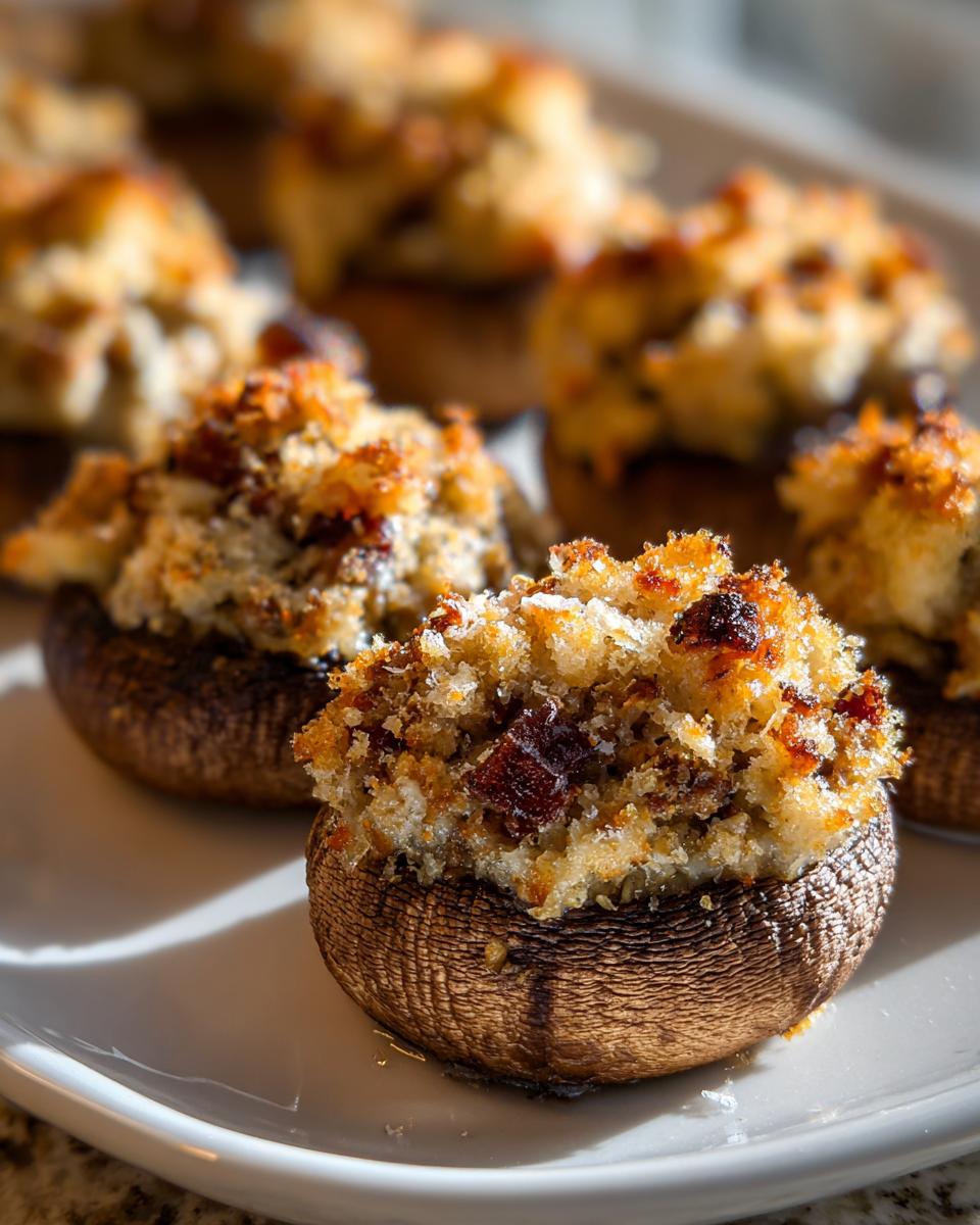 Close-up of a perfectly baked sausage stuffed mushrooms appetizer with a crispy, golden breadcrumb topping.