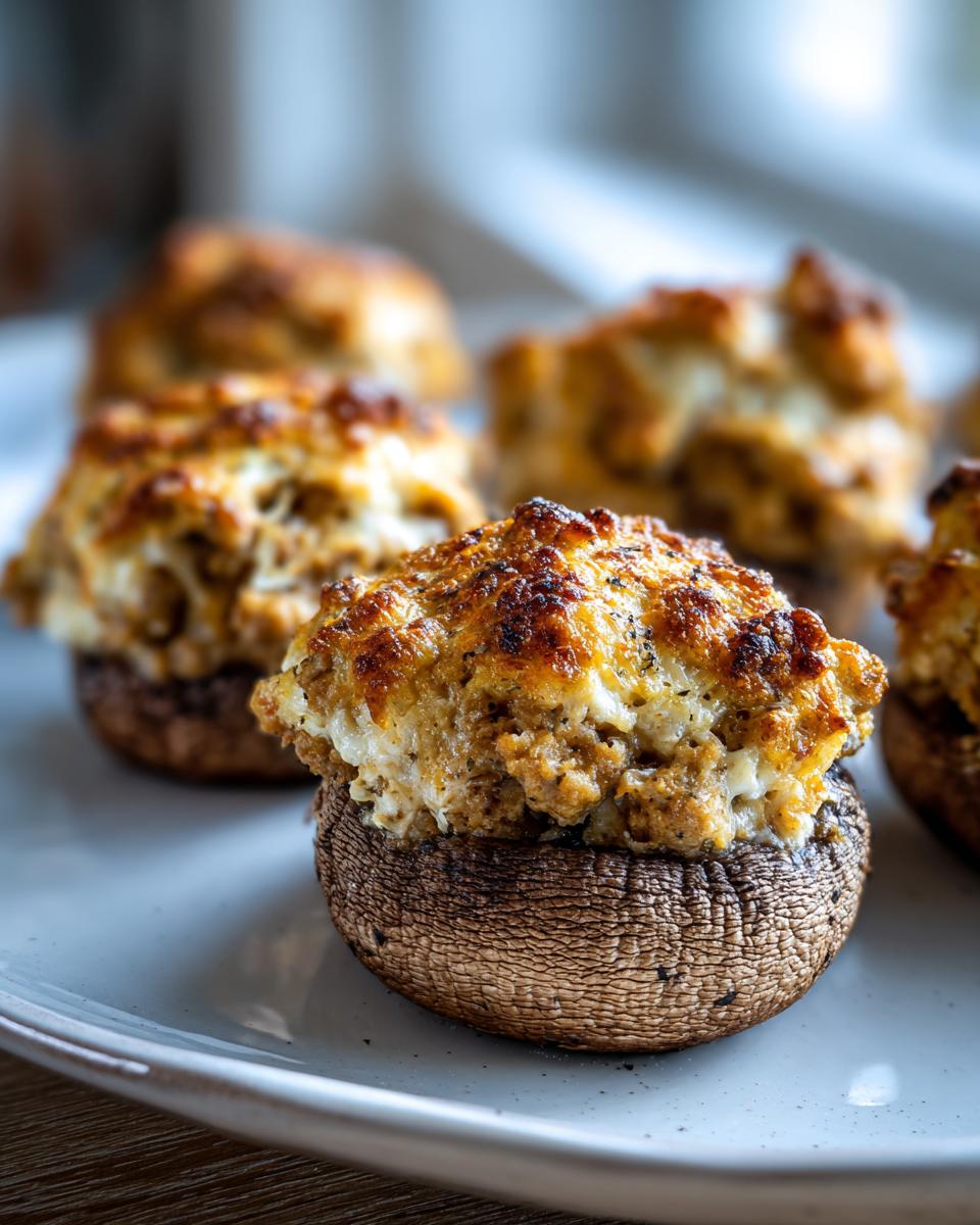 Close-up of a perfectly baked sausage stuffed mushrooms with a golden, cheesy top.