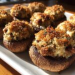 Close-up of baked sausage stuffed mushrooms with a crispy, golden breadcrumb topping served on a white platter.