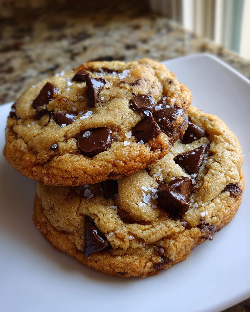 Two perfectly baked, thick chocolate chip cookie stacked on a white plate, topped with flaky sea salt.