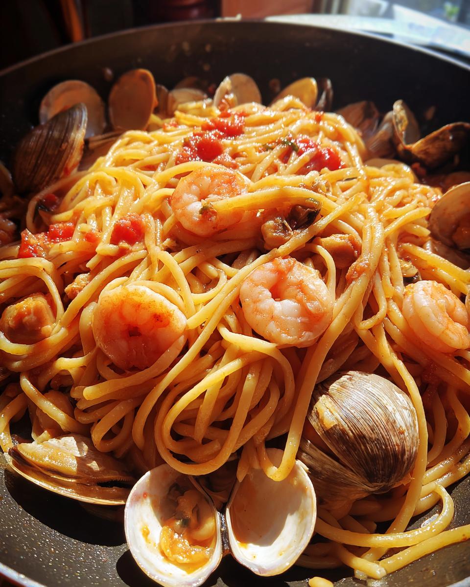 Close-up of linguine tossed in a light tomato sauce with shrimp and clams, showcasing a vibrant seafood pasta dish.