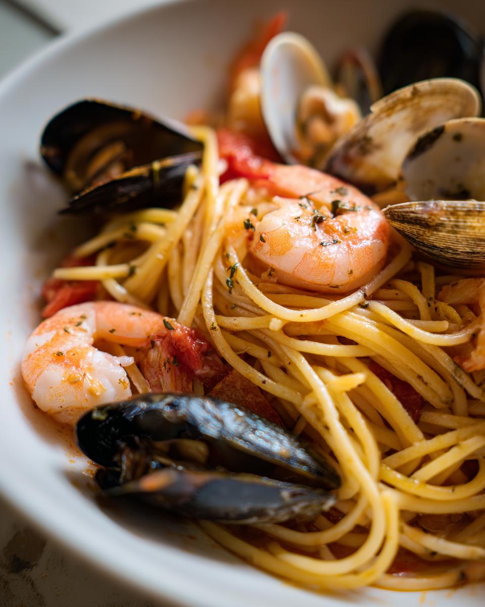 A close-up, mouthwatering shot of seafood pasta featuring spaghetti tossed in a light tomato sauce with plump shrimp, mussels, and clams.