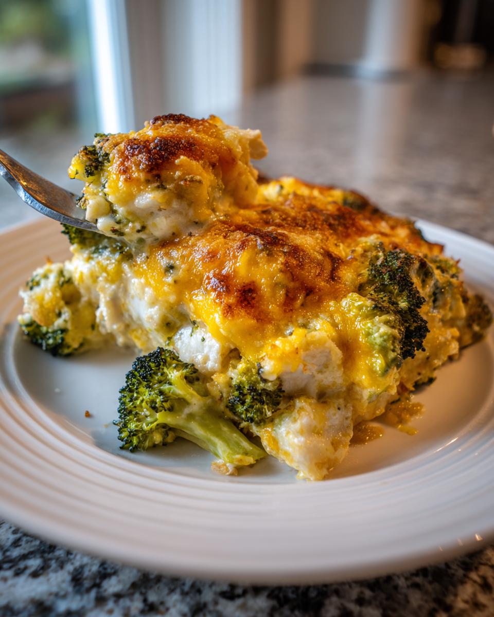 A fork lifting a serving of creamy Chicken Divan casserole topped with melted, browned cheese and broccoli florets.