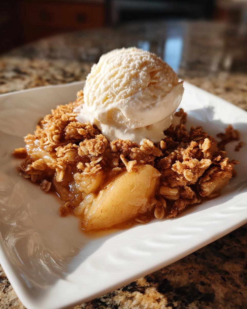 A serving of warm pear crisp topped with a scoop of vanilla ice cream on a white plate.