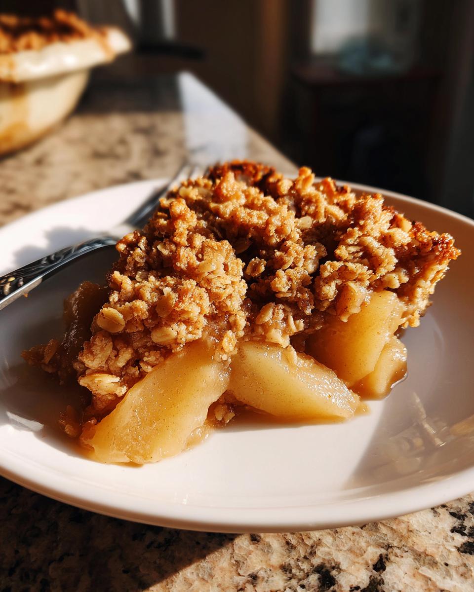 A close-up serving of warm pear crisp with a thick, golden oat topping on a white plate.
