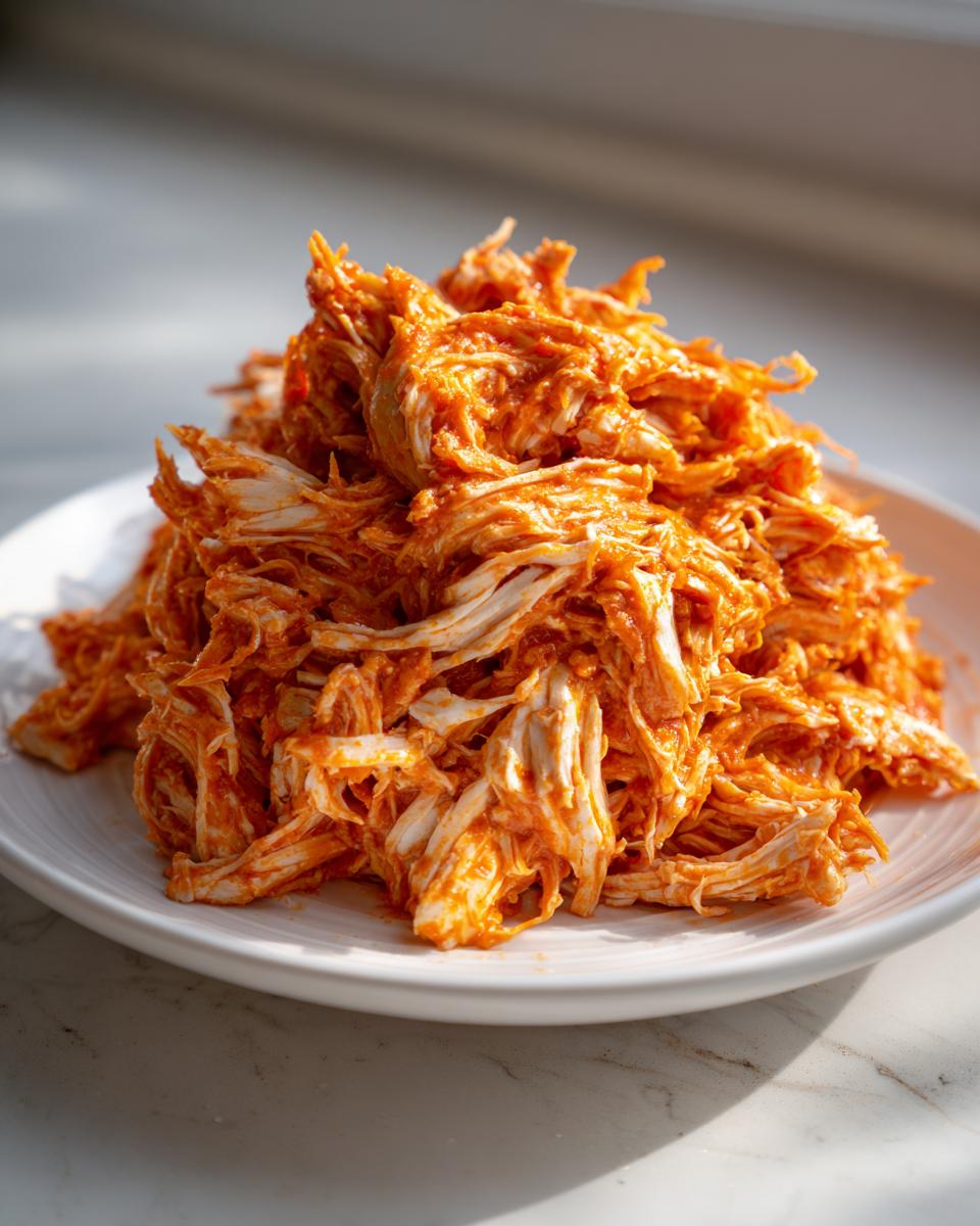 Close-up of a mound of shredded buffalo chicken coated in bright orange sauce on a white plate.