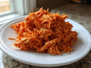 A mound of vibrant orange, shredded buffalo chicken served on a white plate near a window.