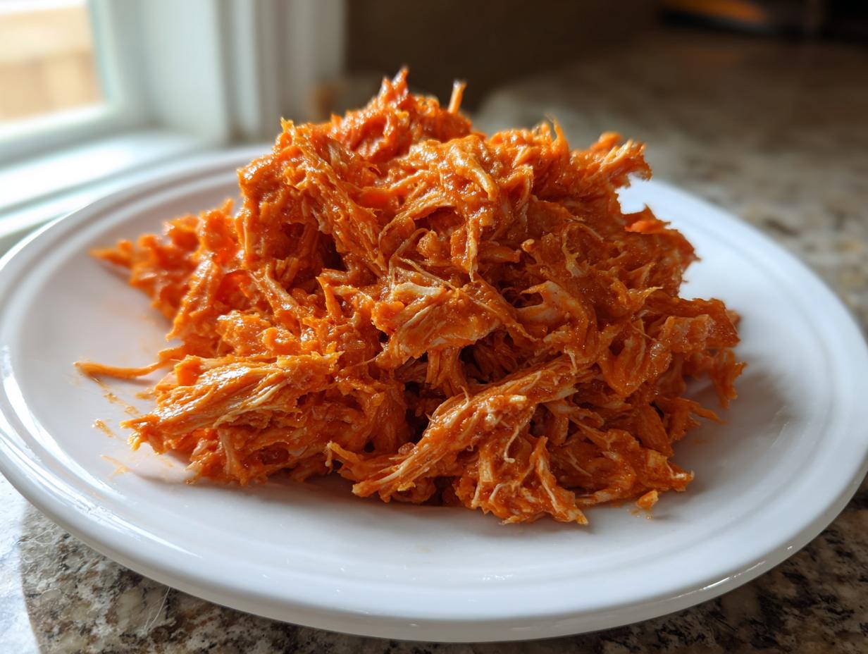 A mound of vibrant orange, shredded buffalo chicken served on a white plate near a window.
