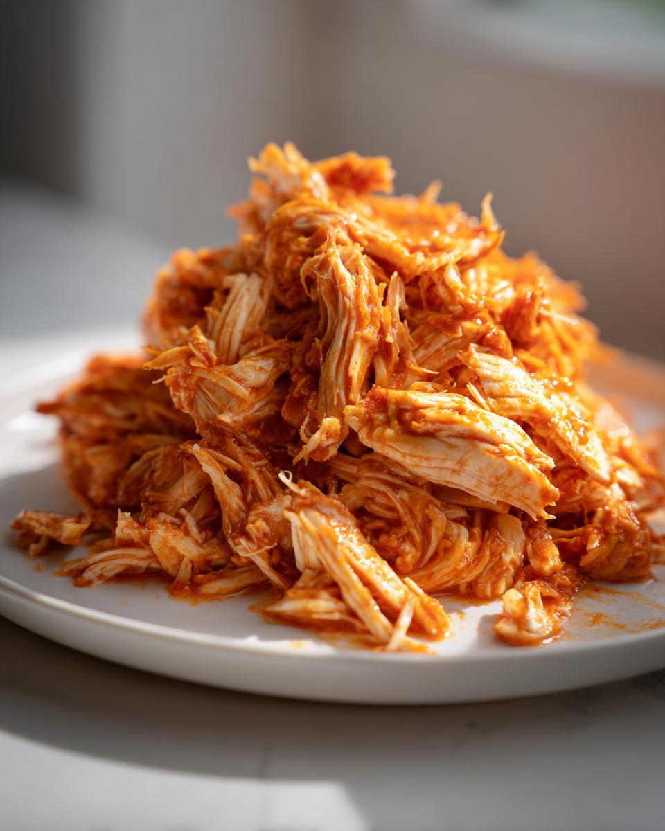 A mound of saucy, shredded buffalo chicken piled high on a white plate, ready for serving.