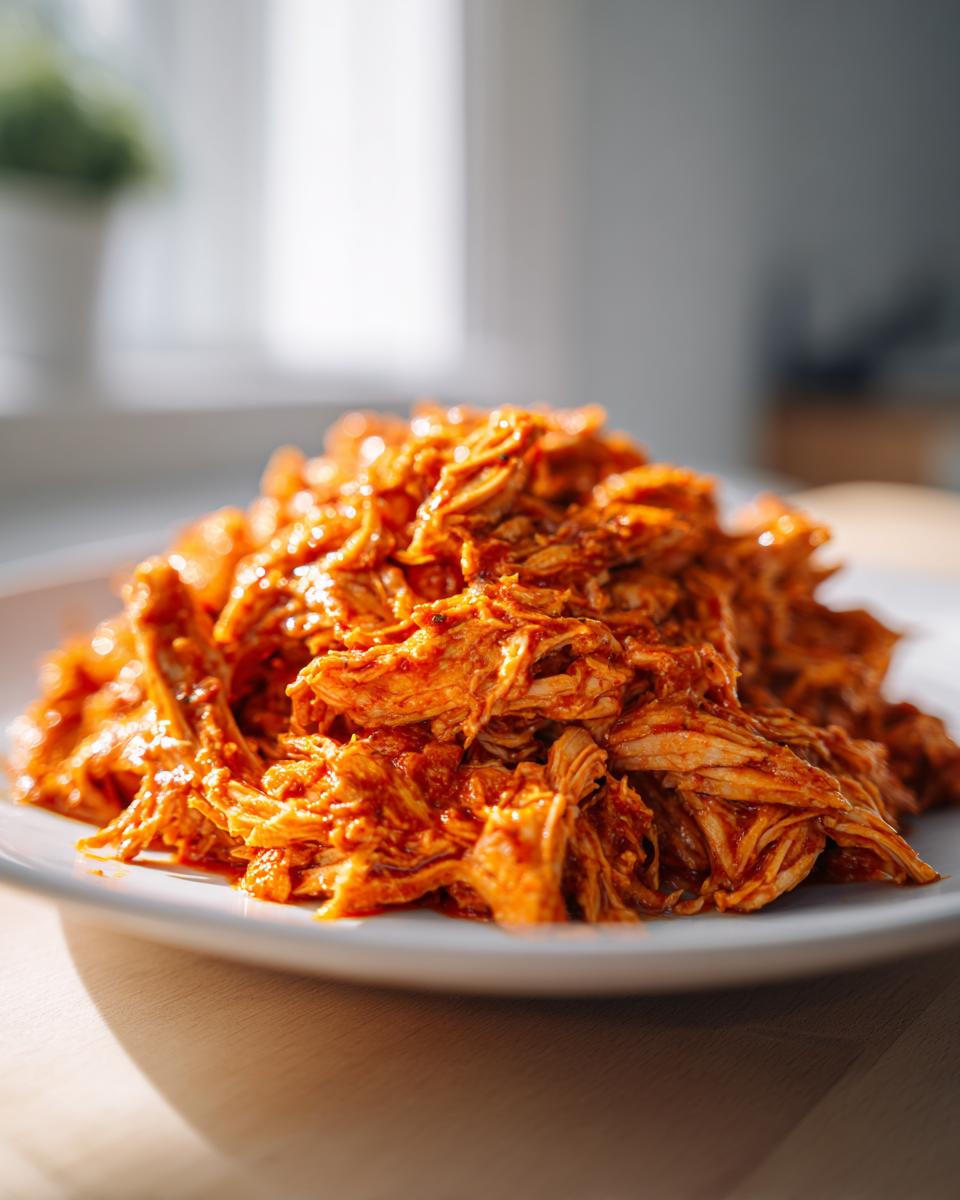 A close-up of shredded buffalo chicken coated in bright orange sauce piled high on a white plate.