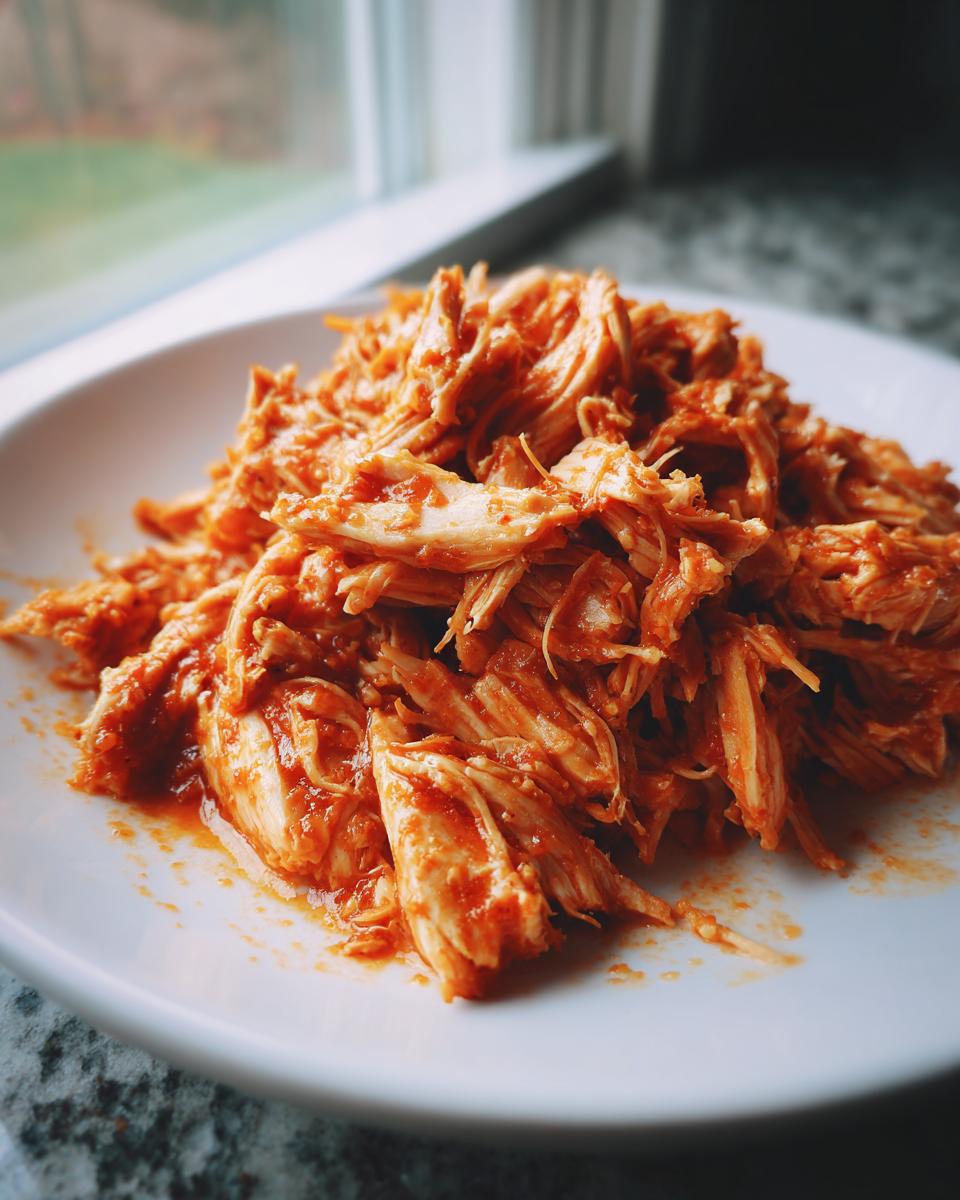 Close-up of shredded chicken tinga coated in a vibrant red sauce, served on a white plate near a window.