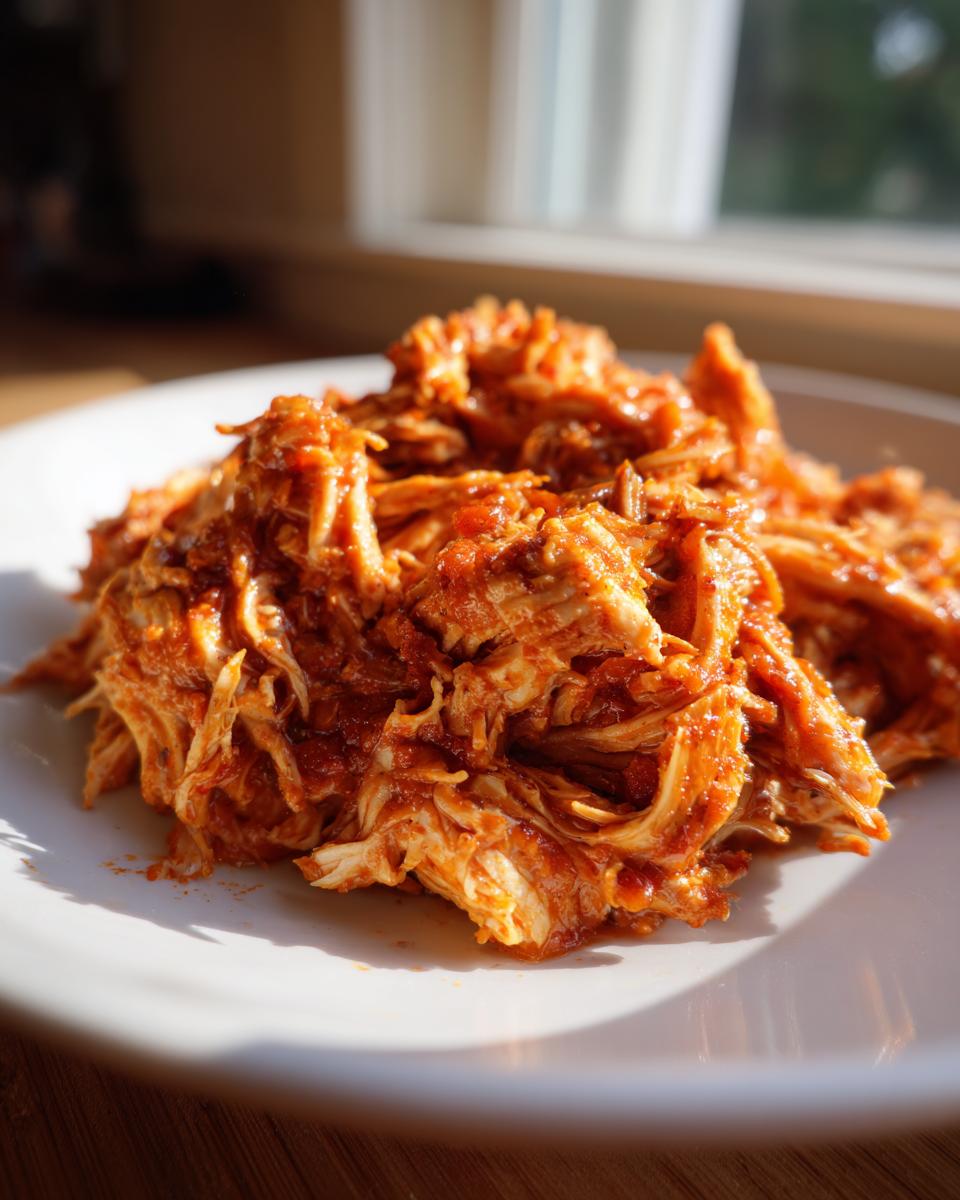 Close-up of richly sauced, shredded chicken tinga piled on a white plate, highlighted by sunlight.
