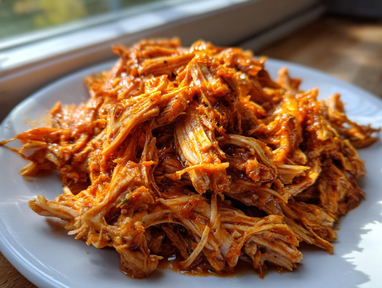 A close-up of saucy, shredded chicken tinga piled high on a white plate, ready to serve.