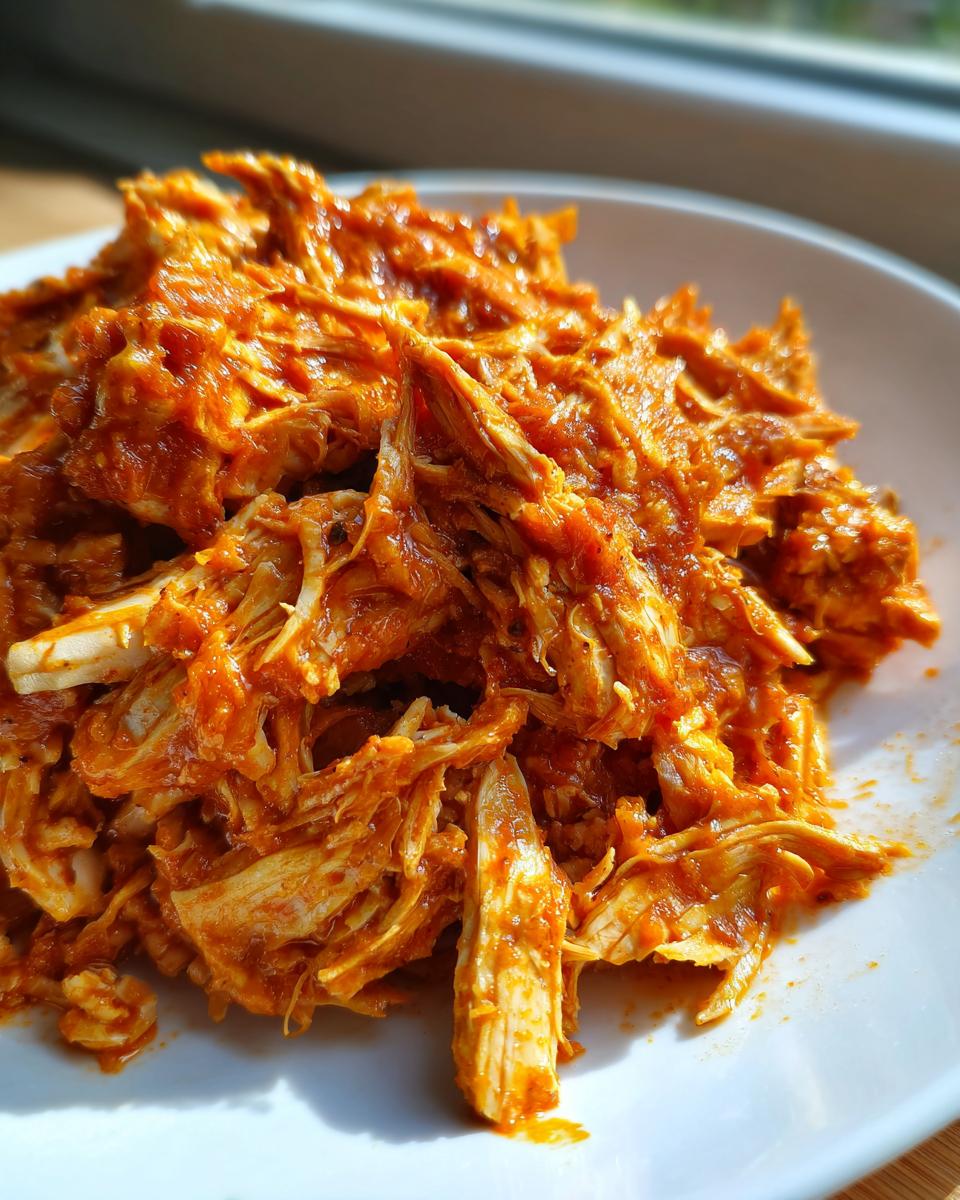 Close-up of saucy, shredded chicken tinga piled on a white plate, ready to serve.