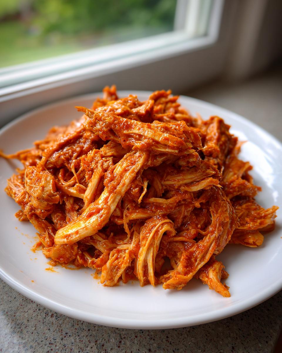 Close-up of vibrant, saucy shredded chicken tinga piled high on a white plate.