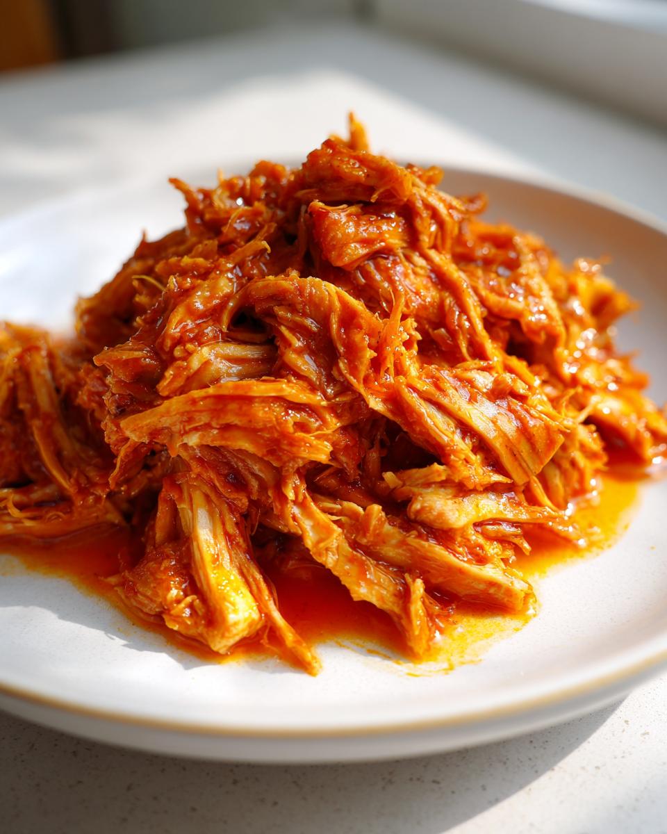 Close-up of shredded buffalo chicken piled high on a light-colored plate, coated in vibrant orange sauce.