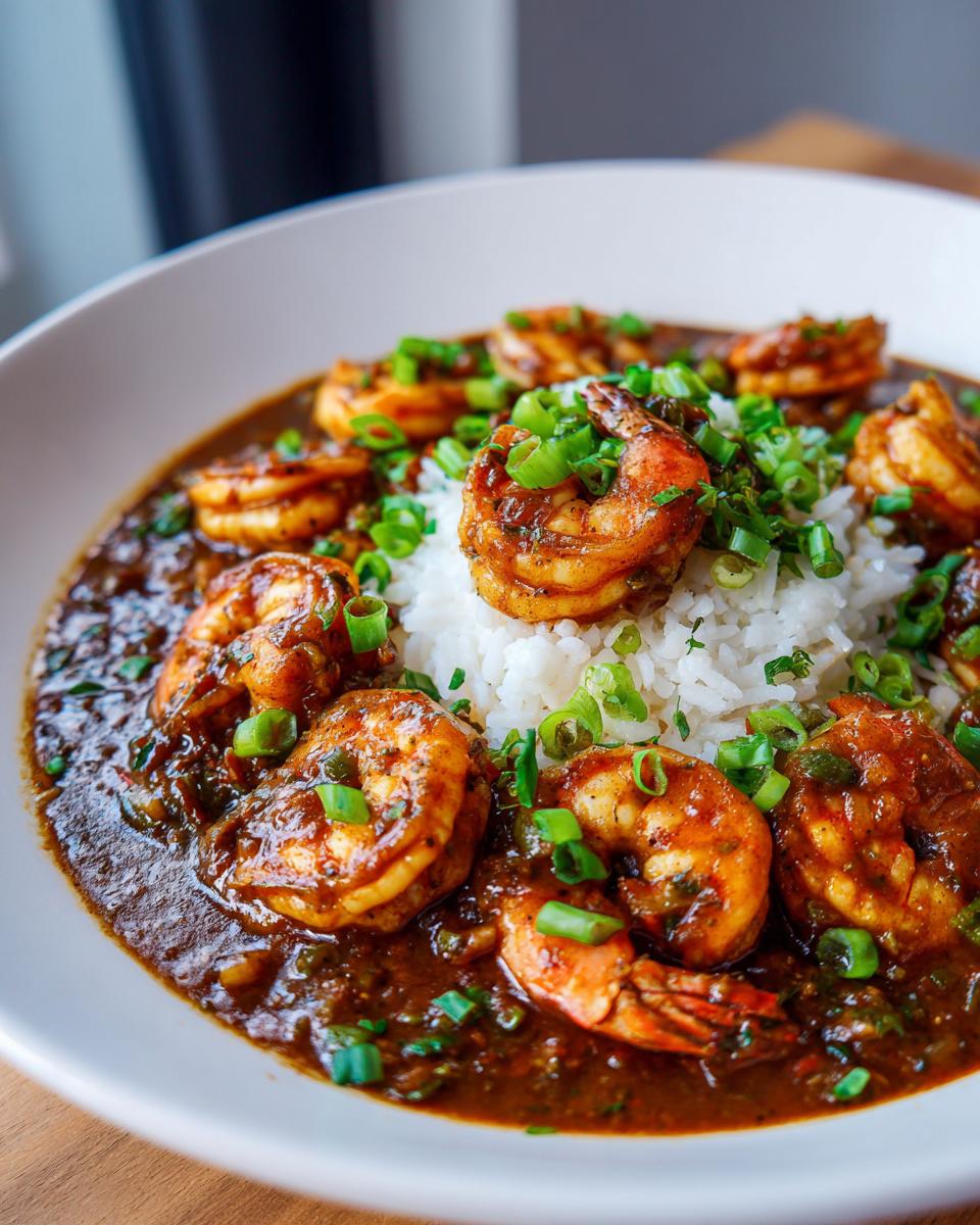 Close-up of a bowl of rich, dark shrimp etouffee served over white rice and topped with fresh green onions.