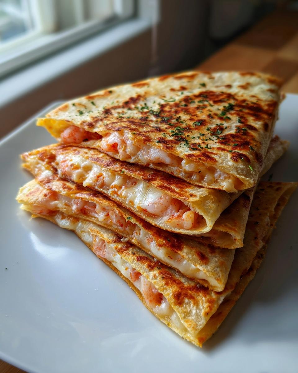 A stack of four golden-brown, cheesy shrimp quesadilla wedges sprinkled with herbs.