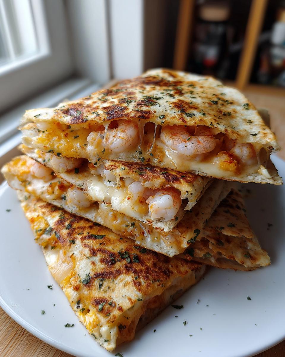 A stack of four golden-brown shrimp quesadilla wedges showing melted cheese and plump shrimp filling.
