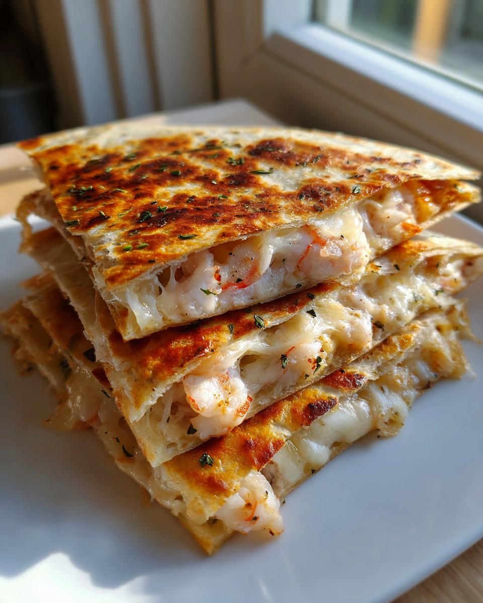 A stack of four golden brown, cheesy shrimp quesadilla wedges oozing melted cheese and visible shrimp pieces.