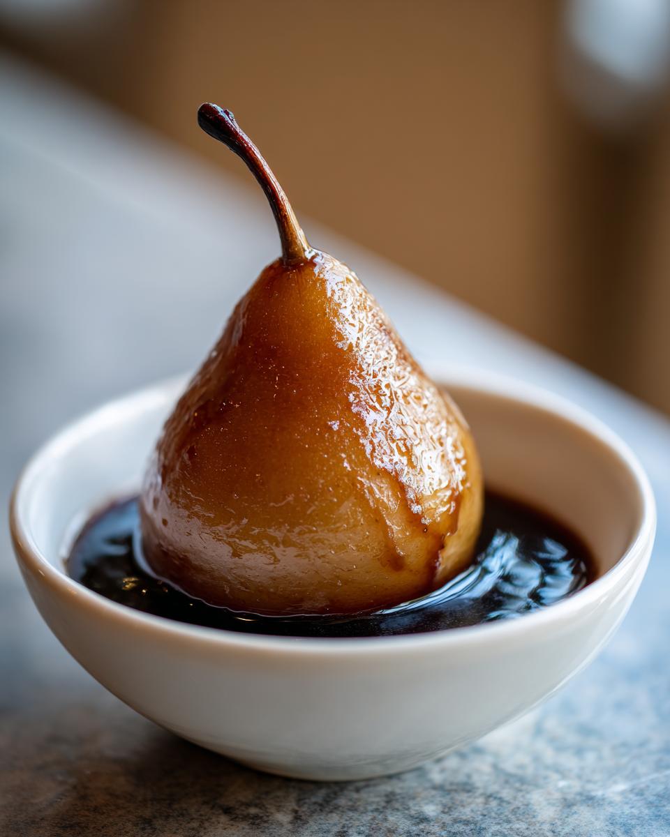 Close-up of a single, glistening poached pear served in a small white bowl with dark poaching liquid.