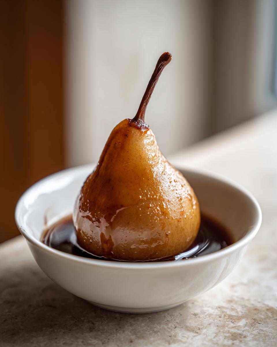 A single, beautifully glazed poached pear sitting in dark syrup in a small white bowl.