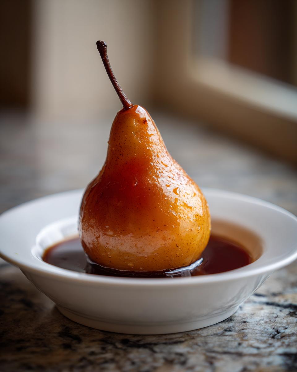 A single, beautifully caramelized poached pear standing upright in a white bowl filled with dark syrup.