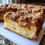 Close-up of a thick slice of baked french toast topped with a rich cinnamon streusel topping.