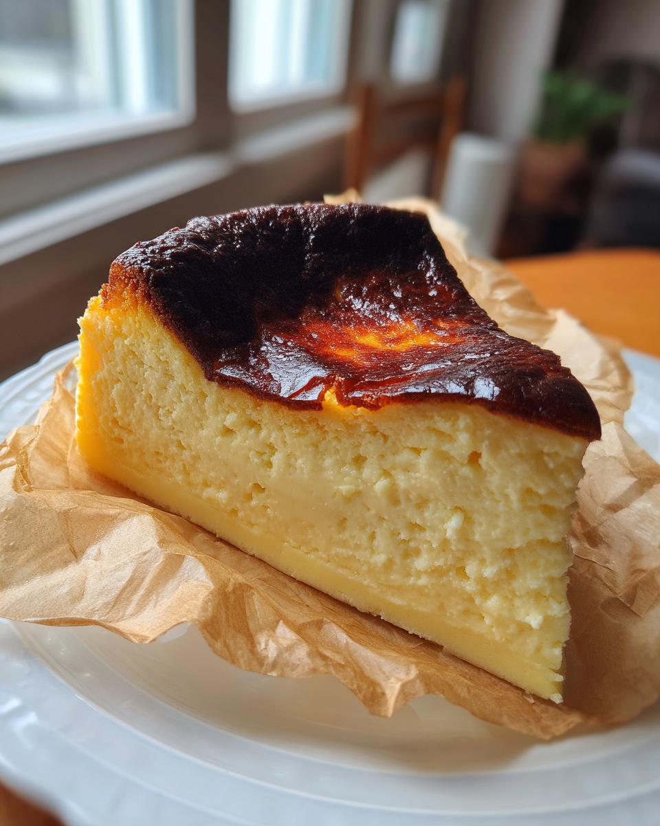 A close-up of a thick slice of creamy basque cheesecake featuring its signature dark, caramelized top.