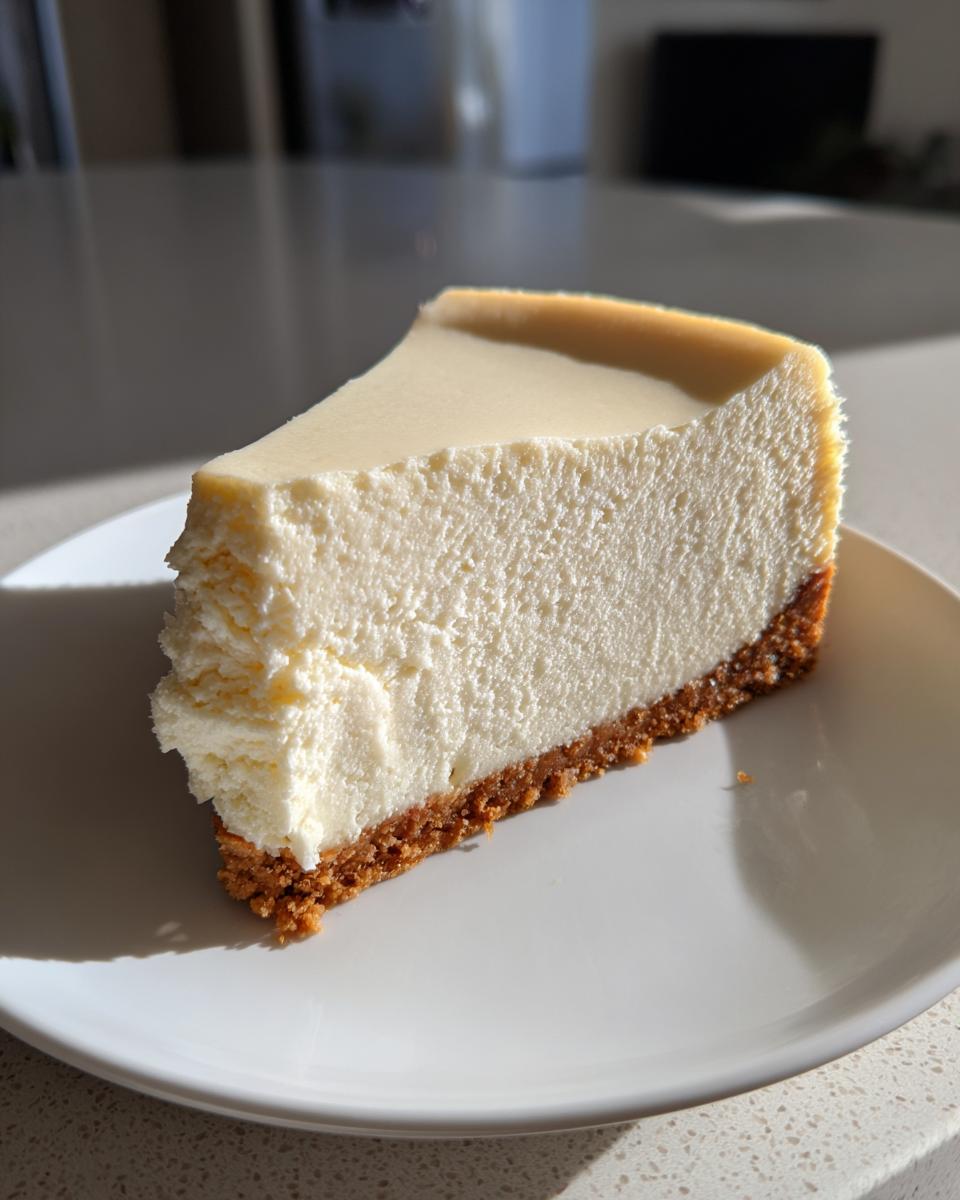 A perfect slice of creamy cheesecake recipe with a thick graham cracker crust resting on a white plate.