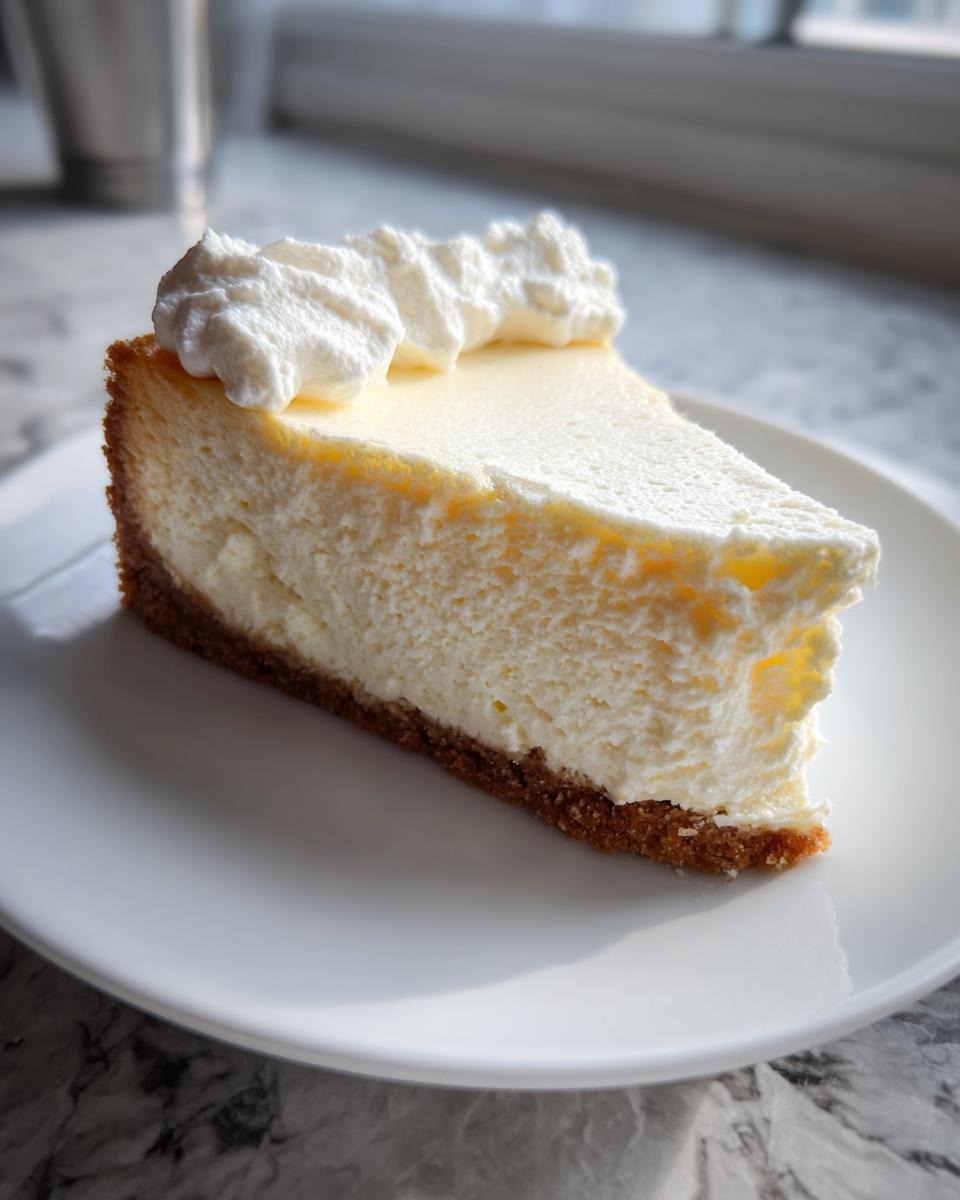 A thick slice of creamy cheesecake recipe with a graham cracker crust, topped with whipped cream.