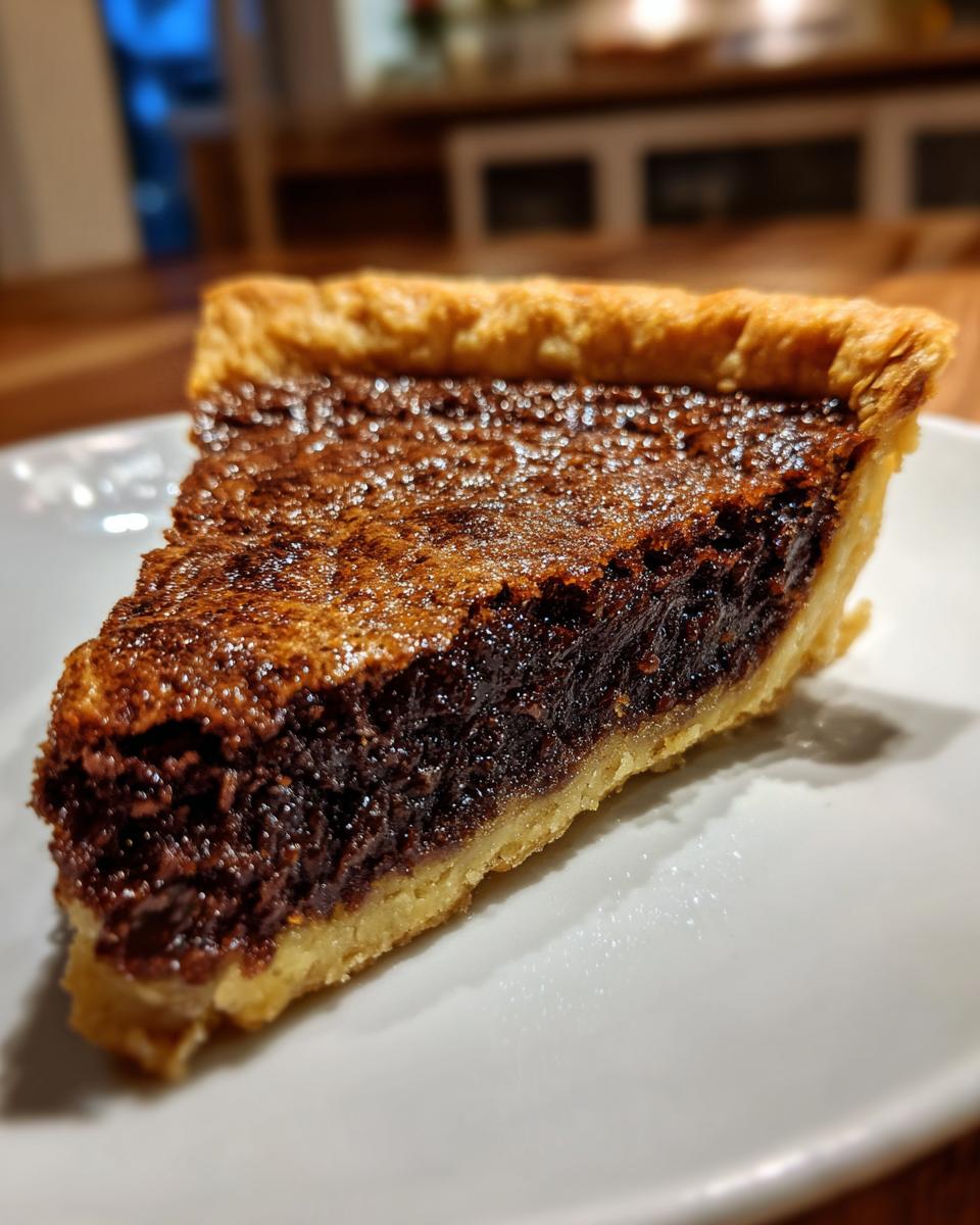 A close-up of a single slice of rich, dark chocolate chess pie with a flaky crust on a white plate.