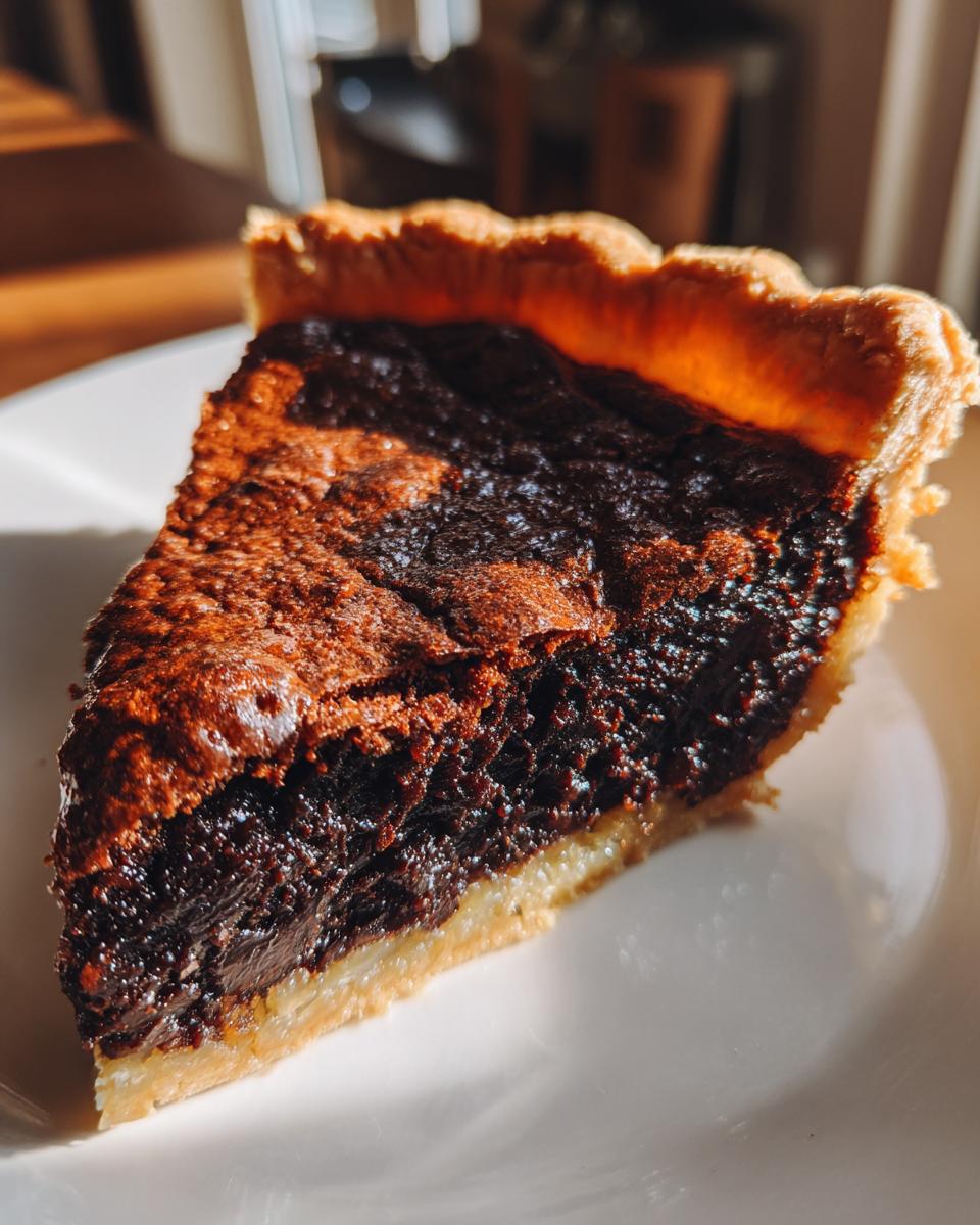 A close-up slice of dark, rich chocolate chess pie with a flaky crust, highlighted by warm sunlight.