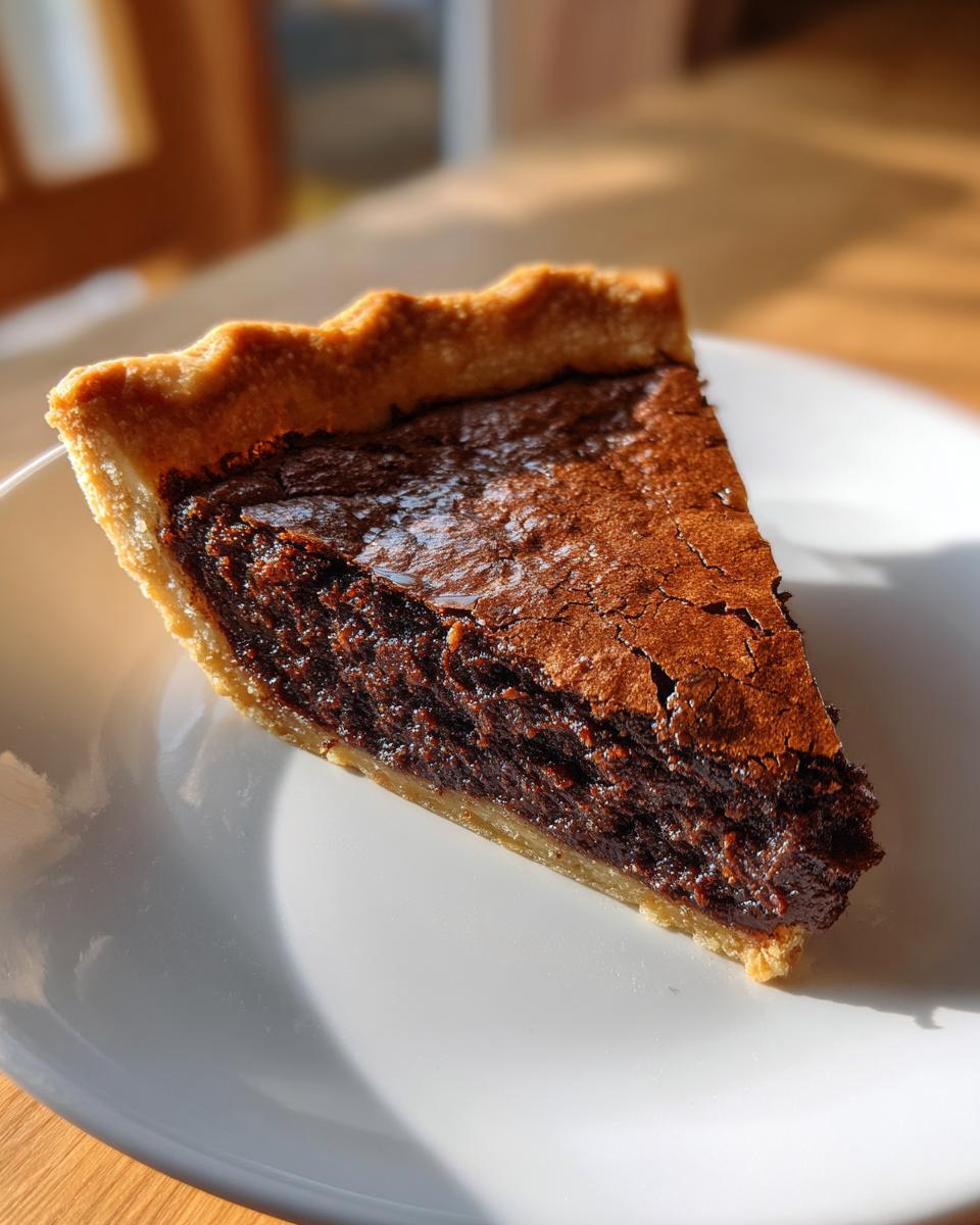 A close-up, sunlit slice of rich chocolate chess pie on a white plate, showing the dark, fudgy filling and flaky crust.
