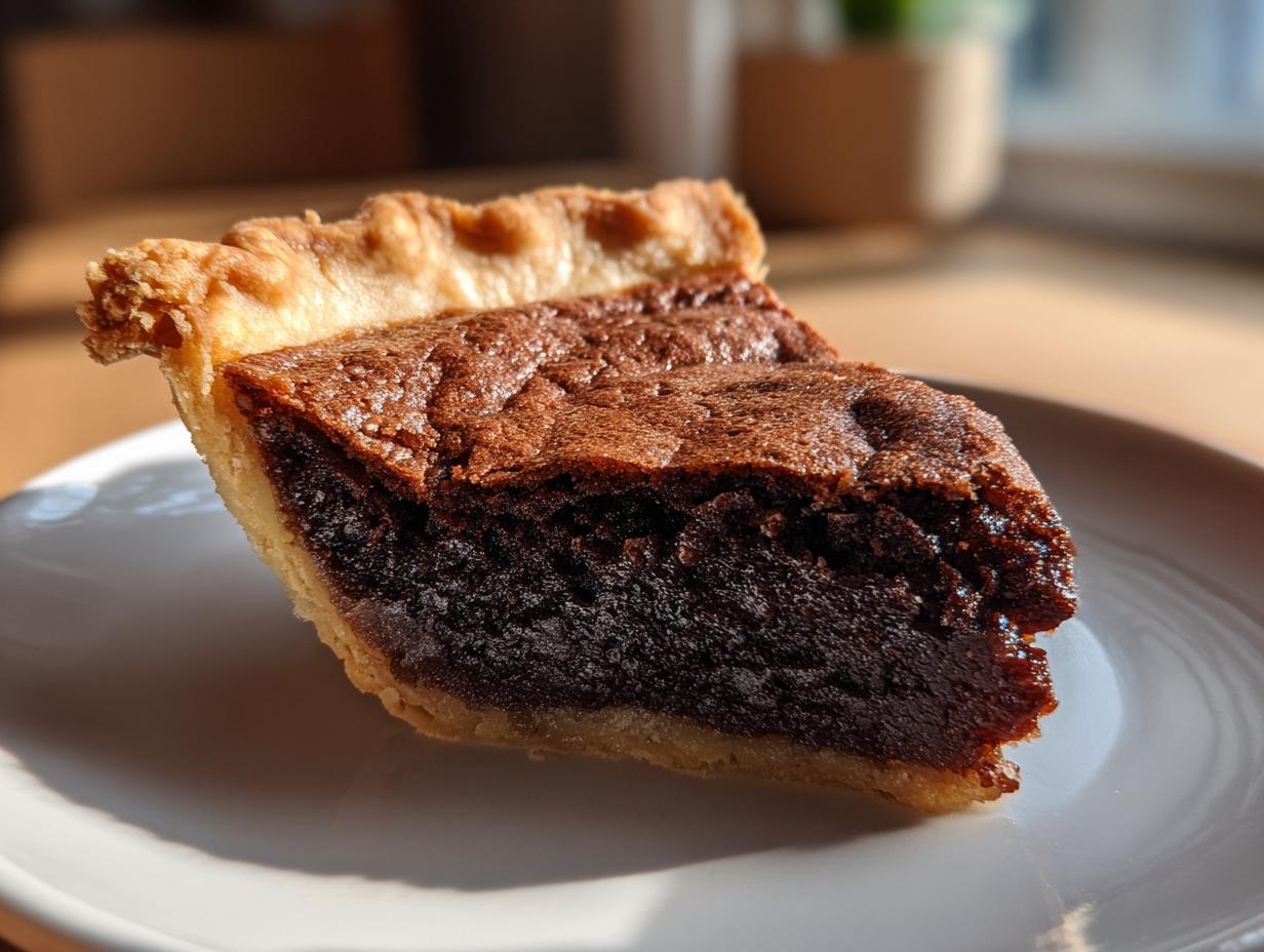 A close-up, sunlit slice of rich chocolate chess pie showing the dark, fudgy filling and golden, flaky crust on a white plate.