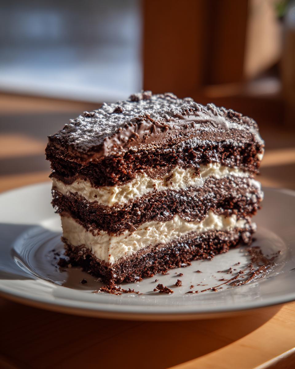 A decadent slice of layered chocolate yule log cake featuring dark chocolate sponge and thick white cream filling, dusted with powdered sugar.