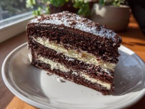A decadent slice of chocolate yule log cake featuring dark layers and white cream filling, dusted with powdered sugar.