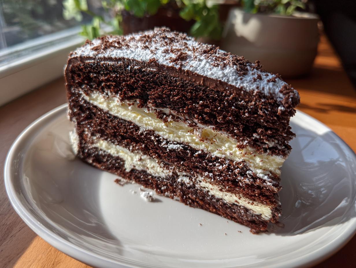 A decadent slice of chocolate yule log cake featuring dark layers and white cream filling, dusted with powdered sugar.