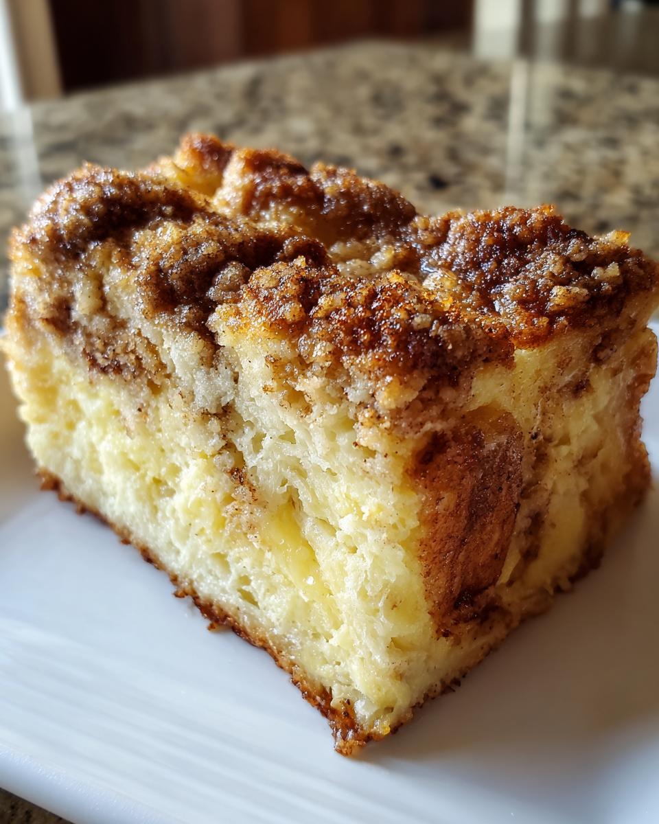 Close-up of a square slice of baked french toast with a thick, sugary cinnamon streusel topping.