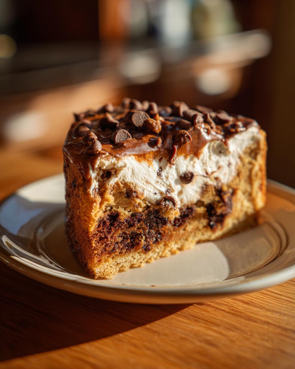 A decadent slice of cookie cake recipe topped with white frosting, caramel drizzle, and mini chocolate chips.