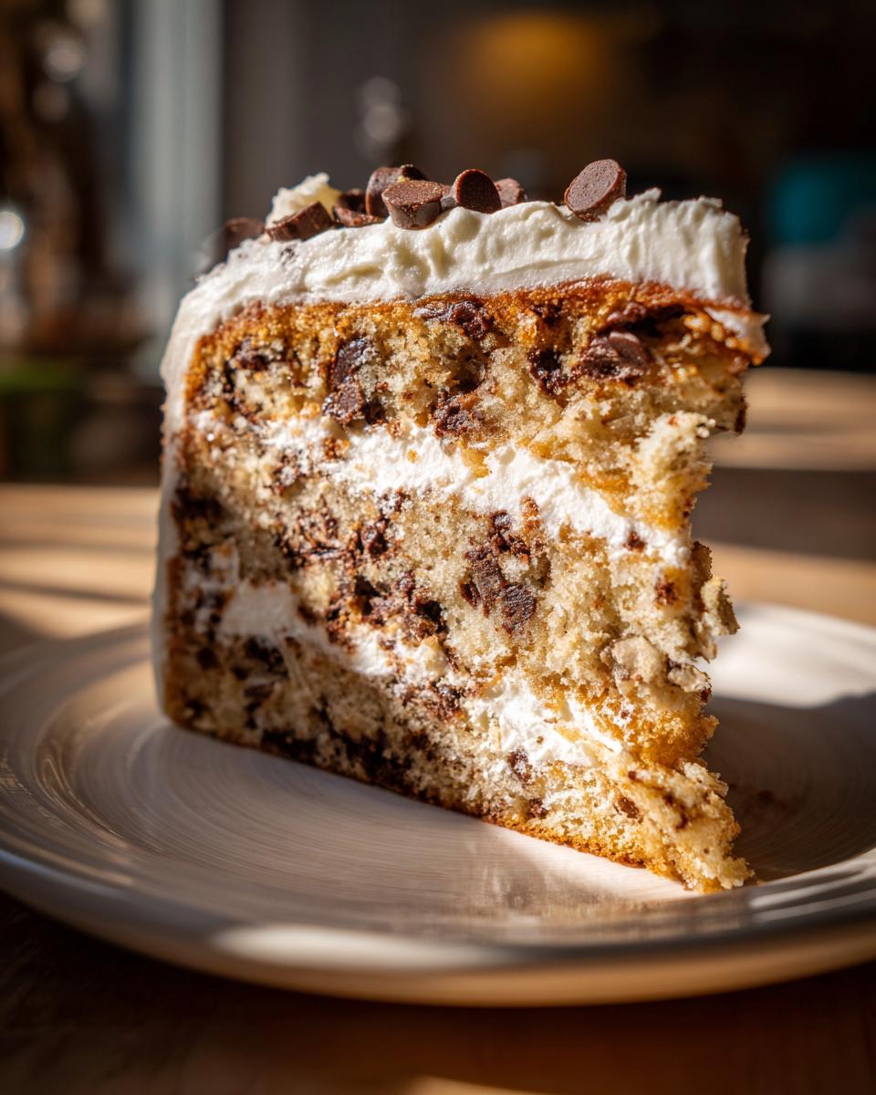 A tall slice of chocolate chip cookie cake recipe layered with white frosting and topped with chocolate chips.