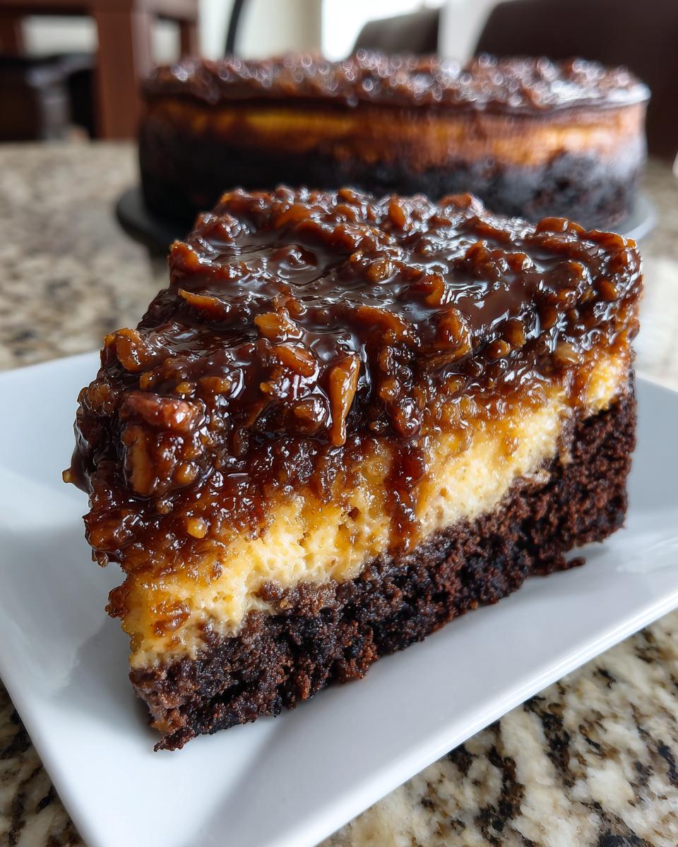 A rich slice of german chocolate cheesecake featuring a dark chocolate crust, creamy filling, and thick coconut-pecan topping.