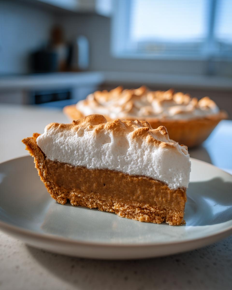Close-up of a slice of rich butterscotch pie with a thick layer of toasted meringue topping on a light blue plate.