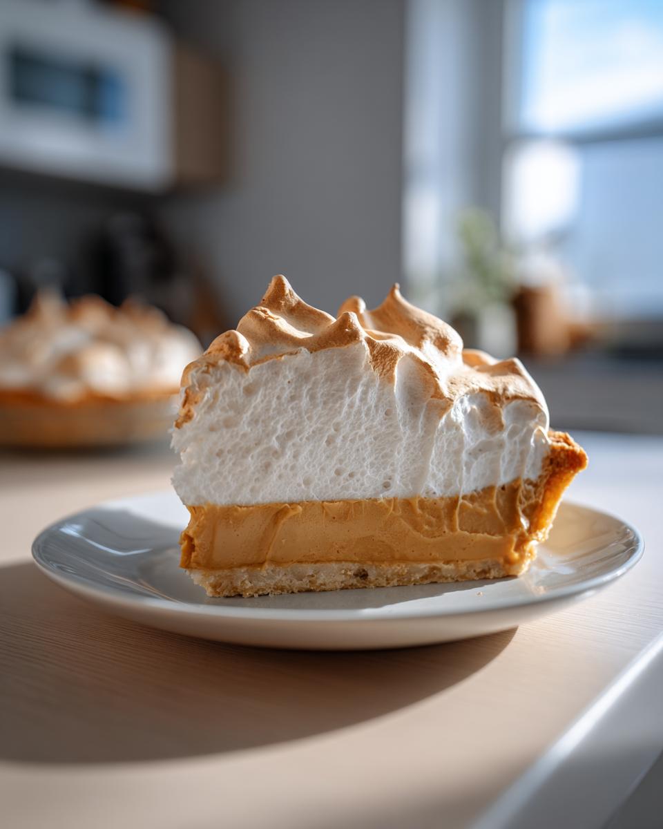 A delicious slice of butterscotch pie with a thick, toasted meringue topping served on a white plate.