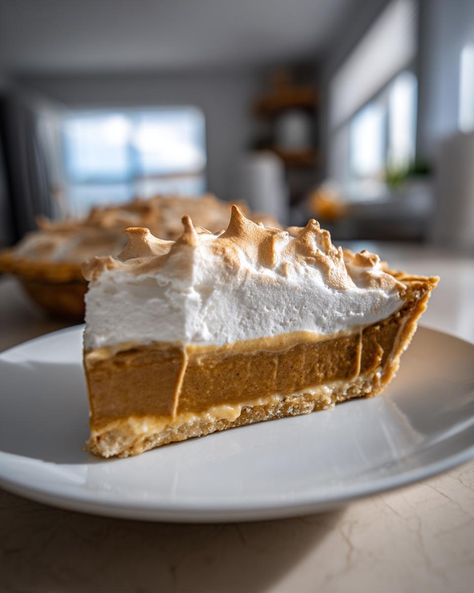 A tall slice of butterscotch pie with a thick layer of toasted meringue topping on a white plate.
