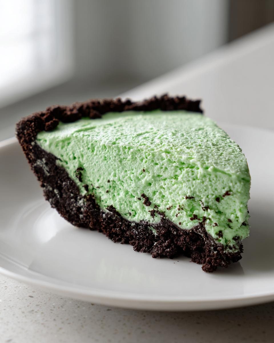 A close-up slice of bright green, fluffy no-bake grasshopper pie with a dark chocolate cookie crust on a white plate.