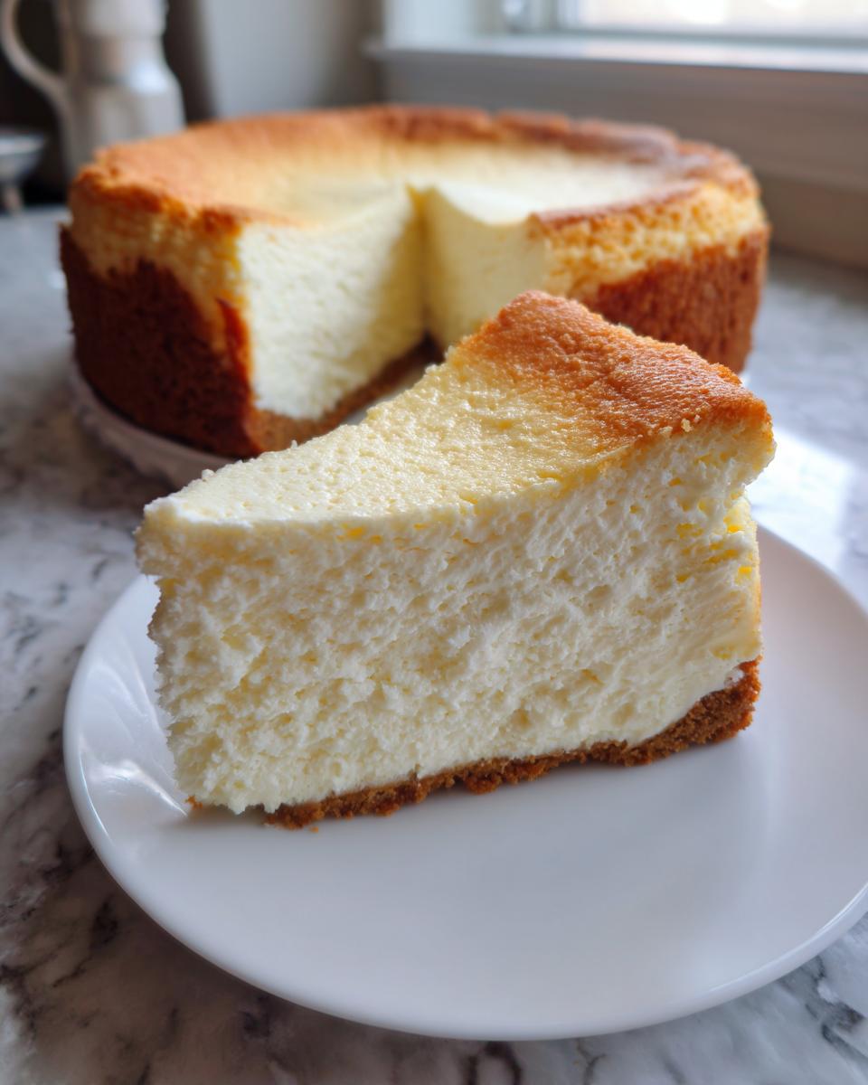 A thick slice of creamy, baked cheesecake with a golden top sits on a white plate, with the rest of the cheesecake recipe visible behind it.