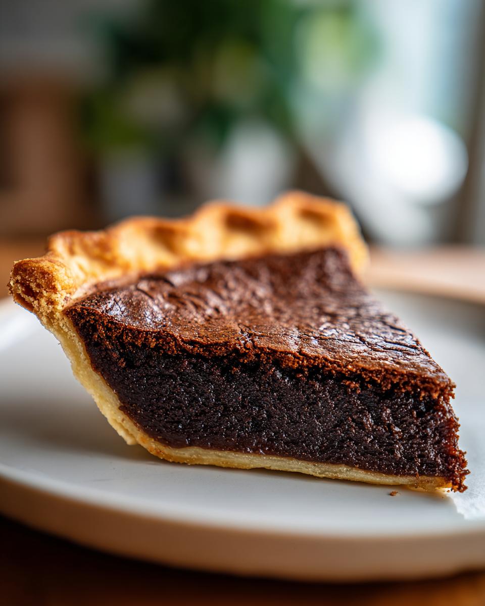 A close-up of a thick slice of dark chocolate chess pie resting on a light plate.