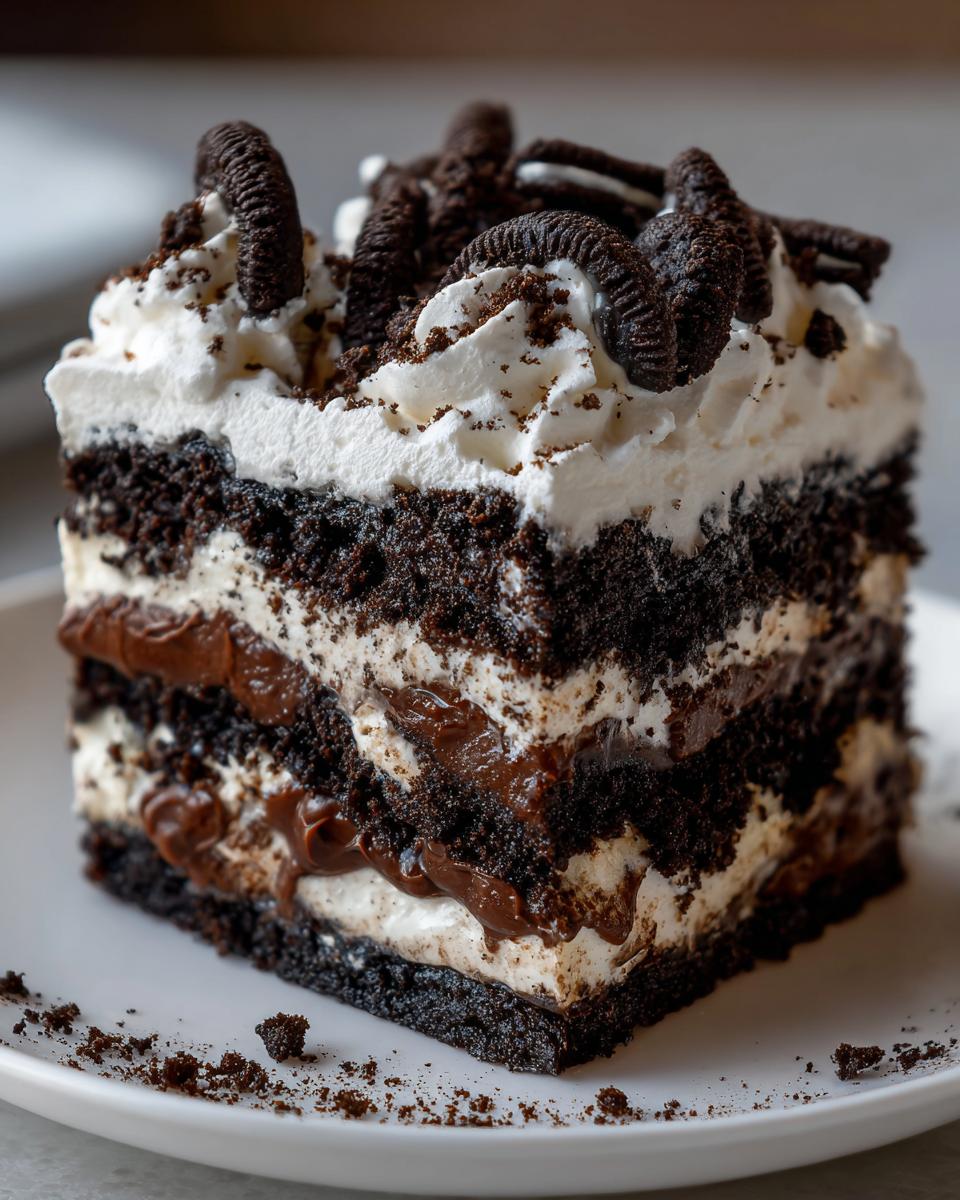 Close-up of a layered slice of dirt cake featuring dark chocolate cake, creamy filling, chocolate pudding, and topped with whipped cream and mini Oreos.
